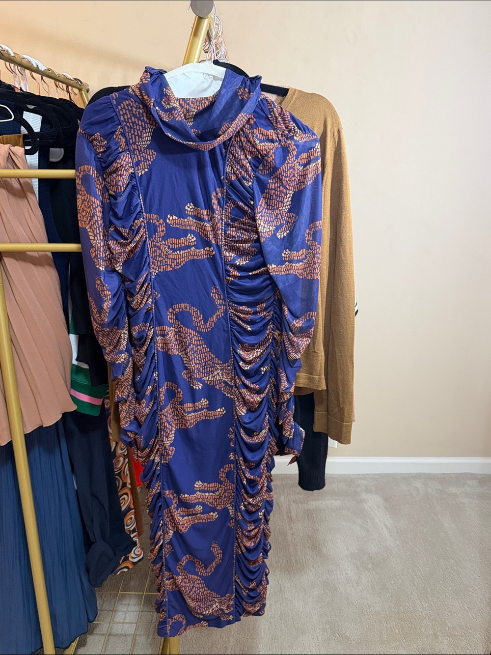 FARM Rio Navy Blue & Copper Ruched Long Sleeve Dress